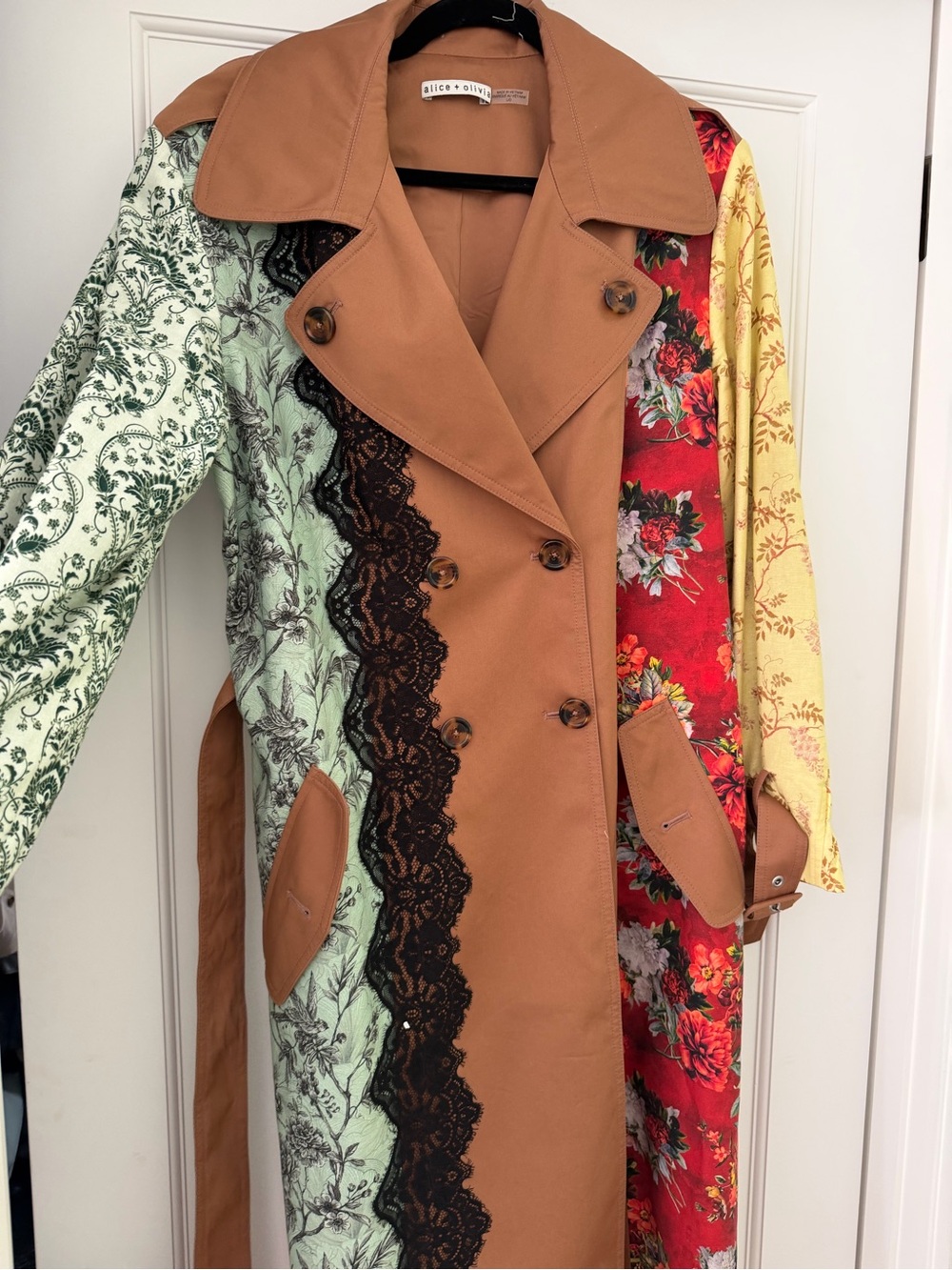 Alice + Olivia Brown Patchwork Floral Trench Coat with Red and Yellow Panels - Picture 4 of 9